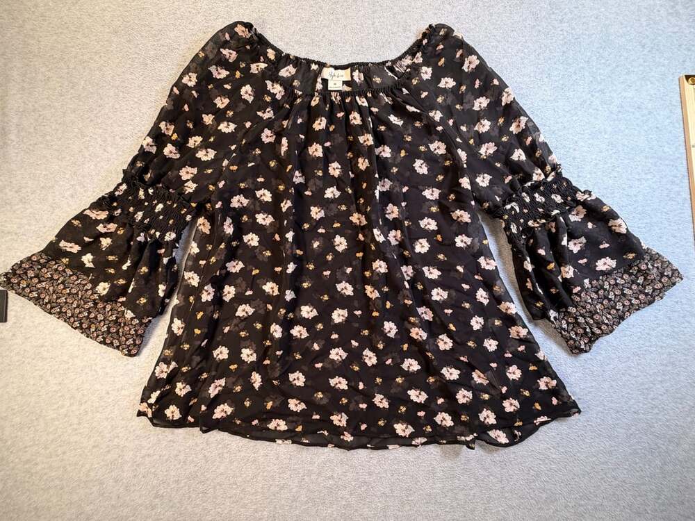 Style & Co Blouse Size M Black Floral Chiffon Smocked Bell Sleeve